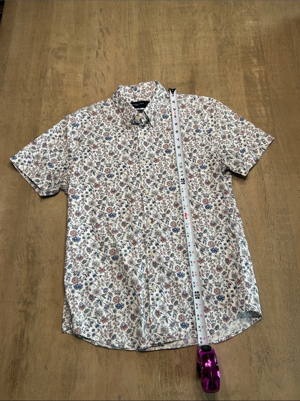 Men's Short-Sleeve Floral Button-Up Shirt - White with Blue & Brown Floral